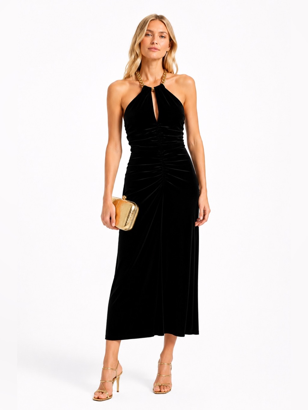 Veronica Beard Black Velvet Chain Halter Midi Dress Size 10 NWT